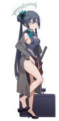 Rule 34 | 1girl, absurdres, black coat, black dress, black footwear, black hair, blue archive, butterfly hair ornament, china dress, chinese clothes, coat, commentary request, cs/ls06, double bun, dress, from side, full body, grey eyes, gun, hair between eyes, hair bun, hair ornament, halo, high heels, highres, holding, holding gun, holding weapon, jinjide shaonian, kisaki (blue archive), long hair, long sleeves, looking at viewer, looking to the side, open clothes, open coat, pelvic curtain, side slit, sidelocks, simple background, sleeveless, sleeveless turtleneck, smile, solo, standing, suitcase, turtleneck, twintails, weapon, white background
