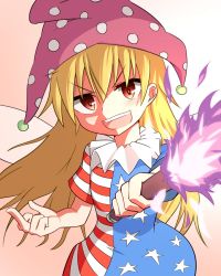 Rule 34 | 1girl, american flag dress, blonde hair, clownpiece, dress, fairy wings, fire, hat, highres, jester cap, long hair, looking at viewer, mega yukke, middle finger, neck ruff, open mouth, polka dot, red eyes, short dress, short sleeves, solo, star (symbol), star print, striped, teeth, torch, touhou, wings