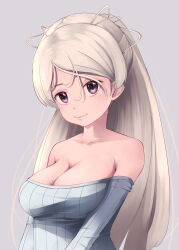 Rule 34 | 1girl, breasts, cleavage, conte di cavour (kancolle), grey background, grey sweater, highres, kantai collection, large breasts, long hair, neko no hige, off-shoulder sweater, off shoulder, purple eyes, simple background, solo, sweater, two side up, upper body