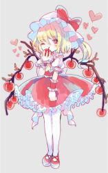 Rule 34 | 1girl, ascot, back bow, blonde hair, bow, collared shirt, commentary request, crystal, flandre scarlet, food, frilled shirt collar, frilled skirt, frilled sleeves, frills, fruit, full body, grey background, hat, hat bow, heart, hiyuu (hiyualice), holding, holding food, holding fruit, looking at viewer, mary janes, medium hair, mob cap, one eye closed, one side up, puffy short sleeves, puffy sleeves, red bow, red eyes, red footwear, red ribbon, red skirt, red vest, ribbon, shirt, shoes, short sleeves, skirt, skirt set, solo, standing, thighhighs, touhou, vest, white bow, white hat, white shirt, white thighhighs, wings, wrist cuffs, yellow ascot