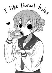 Rule 34 | 1girl, 4shi, bags under eyes, black eyes, collarbone, dango-chan (4shi), double bun, doughnut, dripping, drooling, english text, facing away, food, food bite, hair between eyes, hair bun, hand up, hands up, heart, highres, holding, holding food, hollow eyes, hollow mouth, long sleeves, looking at viewer, neckerchief, open mouth, optical illusion, original, pleated skirt, raised eyebrows, sailor collar, saliva, school uniform, serafuku, shirt, short hair, simple background, skirt, solo, upper body, white background, white theme