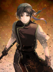 Rule 34 | 1boy, angry, artist name, bandana, brown hair, embers, gensou suikoden, gensou suikoden i, highres, looking at viewer, male focus, mid0rimaru, solo, staff, tir mcdohl, yellow eyes