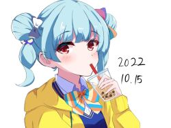 Rule 34 | 1girl, blue hair, blue sweater vest, blush, bow, bowtie, bubble tea, collared shirt, commentary request, dated, double bun, drink, drinking, drinking straw, hair bun, holding, holding drink, hood, hooded jacket, hyodou shizuku, idoly pride, jacket, long bangs, long sleeves, looking at viewer, open clothes, open jacket, raised eyebrows, red eyes, school uniform, shidonattsu, shirt, short hair, short twintails, sidelocks, simple background, solo, striped bow, striped bowtie, striped clothes, sweater vest, twintails, upper body, v-neck, white background, white shirt, yellow jacket