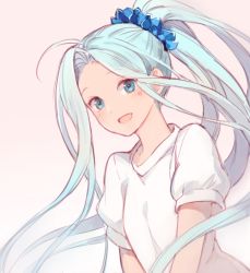 Rule 34 | 10s, 1girl, :d, ahoge, bad id, bad pixiv id, blue eyes, blue hair, blush, granblue fantasy, hair ornament, hair scrunchie, long hair, looking at viewer, lyria (granblue fantasy), matching hair/eyes, mesme, open mouth, ponytail, scrunchie, simple background, smile, solo, very long hair