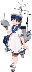 Rule 34 | 1girl, bag, black hair, blue sailor collar, blush stickers, brown eyes, closed mouth, dress, full body, hand up, hat, hiburi (kancolle), kantai collection, looking at viewer, mary janes, official art, rigging, sailor collar, sailor dress, sailor hat, shibafu (glock23), shoes, short ponytail, shoulder bag, solo, transparent background, turret, white legwear
