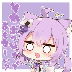 Rule 34 | 1girl, :3, :d, ahoge, animal ear fluff, animal ears, black jacket, blush, bow, cat ears, cat girl, cat tail, chibi, gloves, hair ornament, hair ribbon, hand up, highres, hololive, jacket, muuran, nekomata okayu, o o, open mouth, pointing, purple background, purple bow, purple ribbon, ribbon, smile, solo, tail, tail raised, translation request, twitter username, two-tone background, upper body, virtual youtuber, white background, white bow, white gloves
