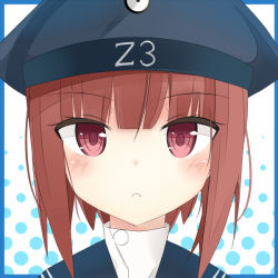 Rule 34 | 10s, 1girl, :&lt;, brown hair, clothes writing, hat, kantai collection, looking at viewer, onasuba, red eyes, short hair, solo, z3 max schultz (kancolle)