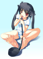 Rule 34 | 1girl, barefoot, between toes, black hair, blue panties, bottomless, bow, cum, feet, golf, golf club, gym uniform, hair bow, hair ribbon, kooh, long hair, naughty face, no pants, pangya, panties, red eyes, ribbon, safi, sitting, soles, solo, spread toes, striped clothes, striped panties, toes, twintails, underwear