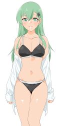 Rule 34 | 1girl, absurdres, black bra, black panties, bra, breasts, cleavage, commentary request, cowboy shot, green eyes, green hair, hair between eyes, highres, kantai collection, maonatten, medium breasts, navel, panties, parted bangs, shirt, shirt partially removed, simple background, solo, standing, suzuya (kancolle), underwear, white background, white shirt