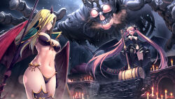 Rule 34 | 2girls, armor, bikini armor, blonde hair, boots, breasts, candle, cape, commentary request, commission, demon girl, demon wings, dragon girl, dragon horns, dragon tail, dragon wings, elbow gloves, elf, fantasy, giant skeleton, gloves, head wings, high collar, highres, holding, holding staff, horns, kuromasu, long hair, looking at another, mallet, medium breasts, multiple girls, navel, original, panties, pink eyes, pink hair, pointy ears, revealing clothes, skeleton, skindentation, staff, stomach, tail, thigh boots, twintails, underwear, very long hair, war hammer, weapon, wings