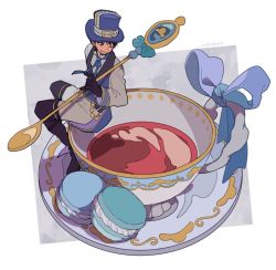 Rule 34 | 1boy, black gloves, black hair, blue eyes, blue hat, cup, food, gloves, hacobox, hat, hat belt, holding, holding spoon, long sleeves, macaron, male focus, mini person, miniboy, one eye closed, original, oversized object, shadow, short hair, signature, sitting, smile, solo, spoon, teacup, top hat, vest