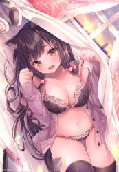 Rule 34 | 1girl, animal ears, black bra, black hair, black panties, black thighhighs, blanket, bow, bra, breasts, brown eyes, cat ears, cat girl, cat hair ornament, cat tail, cleavage, commentary request, curtains, dutch angle, fangs, frilled pillow, frills, hair bow, hair ornament, handheld game console, hands up, headphones, headphones removed, heart, indoors, jacket, large breasts, long sleeves, looking at viewer, mole, mole on breast, navel, nemuri nemu, open clothes, open jacket, open mouth, original, panties, pillow, pink bow, puffy long sleeves, puffy sleeves, pulled by self, purple jacket, sleeves past wrists, solo, strap pull, sunset, tail, thighhighs, underwear, window