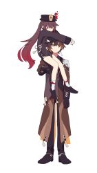 Rule 34 | 1boy, 1girl, absurdres, black footwear, black gloves, black pants, brown coat, brown hair, carrying, closed mouth, coat, coattails, colored tips, commentary request, flower, genshin impact, gloves, hair flaps, hat, hat flower, highres, hu tao (genshin impact), long hair, long sleeves, low ponytail, multicolored hair, open mouth, pants, plum blossoms, red eyes, red flower, red hair, shoes, shoulder carry, sidelocks, sitting on shoulder, socks, talisman, twintails, unosfish, very long hair, white legwear, zhongli (genshin impact)