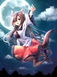 Rule 34 | 1girl, animal ears, bad id, bad pixiv id, black pantyhose, breasts, brooch, brown hair, dress, fang, fingernails, full body, full moon, glowing, glowing eyes, hair between eyes, highres, imaizumi kagerou, jewelry, jumping, large breasts, long hair, looking at viewer, looking to the side, moon, nail polish, night, open mouth, pantyhose, pudding (skymint 028), red eyes, red nails, sky, solo, star (sky), star (symbol), starry sky, tail, touhou, wolf ears, wolf tail