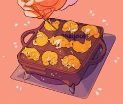 Rule 34 | animal, artist name, bad id, bad instagram id, dog, food, food request, grill, heart, lying, meyoco, no humans, original, pink background, shiba inu, simple background, sparkle, stick, takoyaki