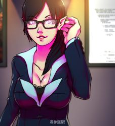 Rule 34 | 1girl, aurahack, bad id, bad tumblr id, black hair, borrowed character, breasts, cleavage, elf, female focus, formal, fow-chan, glasses, hair over shoulder, highres, lace trim, large breasts, lips, long hair, mascot, nose, omotesando, original, pointy ears, solo, suit