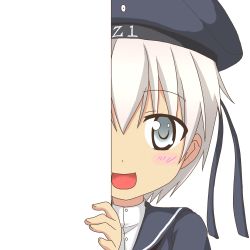 Rule 34 | 10s, 1girl, :d, blue eyes, clothes writing, dress, hat, kantai collection, looking at viewer, nagineko, open mouth, peeking out, sailor dress, sailor hat, short hair, silver hair, smile, solo, transparent background, z1 leberecht maass (kancolle)