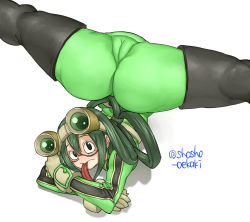 Rule 34 | 1girl, ass, ass shake, asui tsuyu, black eyes, bodysuit, boku no hero academia, cameltoe, cleft of venus, fat mons, gloves, goggles, goggles on head, green bodysuit, green hair, hair rings, huge ass, jack-o&#039; challenge, legs apart, legs up, looking at viewer, ponytail, shosho oekaki, simple background, solo, tail, tongue, tongue out, top-down bottom-up