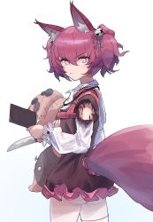 Rule 34 | 1girl, absurdres, animal ears, arknights, black dress, book, burnt clothes, clothing cutout, commentary, cowboy shot, diamond-shaped pupils, diamond (shape), drawdrawdeimos, dress, fox ears, fox girl, fox tail, hair between eyes, hair ornament, highres, holding, holding book, holding knife, holding stuffed toy, knife, looking at viewer, medium hair, pantyhose, pink eyes, pink hair, shamare (arknights), simple background, solo, stuffed toy, symbol-shaped pupils, tail, tail through clothes, twintails, v-shaped eyebrows, white background, white pantyhose, white sleeves