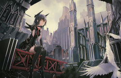 Rule 34 | 1girl, architecture, armband, armor, artist name, artist request, bird, black dress, brown eyes, building, choker, church, city, cloud, cloudy sky, dress, elbow gloves, expressionless, feathers, gloves, hair between eyes, headgear, looking at viewer, necktie, novelance, original, pigeon, purple hair, scenery, short hair, shoulder pads, sitting, sky, sleeveless, sleeveless dress, solo, statue, thighhighs, white feathers, zettai ryouiki