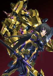 Rule 34 | 1girl, absurdres, black bodysuit, black hair, bodysuit, breasts, fortified suit, glowing, highres, holding, holding sword, holding weapon, huge filesize, impossible bodysuit, impossible clothes, large breasts, long hair, looking at viewer, mecha, muv-luv, muv-luv alternative, muv-luv total eclipse, paintedmike, parted lips, pilot suit, purple eyes, robot, shiny skin, sidelocks, solo, standing, sword, takamura yui, teeth, type 00 takemikazuchi, weapon