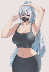Rule 34 | 1girl, absurdres, ak-12 (girls&#039; frontline), arm up, armpits, bare arms, bare shoulders, black pants, breasts, cleavage, commentary, cowboy shot, crop top, girls&#039; frontline, grey background, grey hair, hair between eyes, hand up, highres, large breasts, leggings, long hair, looking at viewer, mask, midriff, mouth mask, navel, pants, ponytail, purple eyes, simple background, solo, sports bra, standing, stomach, very long hair, xllam