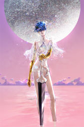 Rule 34 | 1other, ahoge, androgynous, blue eyes, blue hair, blunt bangs, cloud, colored eyelashes, crying, crying with eyes open, full moon, golden arms, graphite (medium), heterochromia, highres, houseki no kuni, mechanical pencil, micho, moon, necktie, partially submerged, pencil, phosphophyllite, phosphophyllite (ll), pink sky, see-through, short hair, sky, smile, solo, sparkle, spoilers, sword, tears, traditional media, wading, water, weapon, white eyes