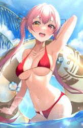Rule 34 | 1girl, :d, absurdres, arm up, armpits, bad id, bad pixiv id, bikini, black ribbon, cowboy shot, day, earrings, hair ribbon, halterneck, heart, heart earrings, heart necklace, heterochromia, highres, hololive, houshou marine, houshou marine (summer), innertube, jewelry, long hair, mugino0515, navel, necklace, open mouth, outdoors, palm leaf, pink hair, red bikini, red eyes, ribbon, smile, solo, stomach, string bikini, swim ring, swimsuit, twintails, virtual youtuber, wading, water, wet, yellow eyes