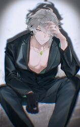 Rule 34 | 1boy, absurdres, ahoge, alhaitham (genshin impact), black gloves, black jacket, black pants, chest jewel, feet out of frame, gem, genshin impact, gloves, green eyes, green gemstone, grey hair, hair over one eye, hand up, highres, jacket, jewelry, lapels, long sleeves, looking at viewer, male focus, necklace, one eye covered, open clothes, open jacket, pants, parted bangs, parted lips, pectorals, ring, sachico66, shadow, short hair, single glove, sitting, solo, swept bangs, vignetting