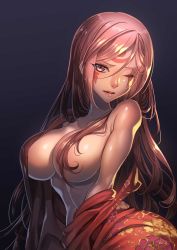Rule 34 | 1girl, amputee, baiken, bare shoulders, breasts, cleavage, unworn clothes, collarbone, commentary request, covered erect nipples, facial tattoo, guilty gear, guilty gear xrd, hair between eyes, hair censor, highres, japanese clothes, kataginu, kimono, large breasts, long hair, looking at viewer, midriff, multicolored clothes, multicolored kimono, navel, one-eyed, open clothes, open kimono, parted lips, pink eyes, pink hair, scar, scar across eye, scar on face, solo, stomach, tattoo, topless