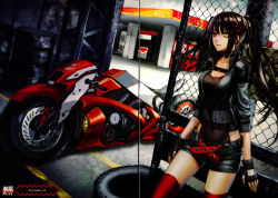 Rule 34 | 10s, 1girl, absurdres, artist request, black hair, date a live, female focus, fingerless gloves, gloves, heterochromia, highres, jacket, long hair, looking at viewer, midriff, motor vehicle, motorcycle, shorts, solo, thighhighs, tokisaki kurumi, twintails