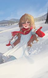 Rule 34 | 1girl, :d, absurdres, aisaka taiga, bandaid, bandaid on face, blush, brown eyes, brown hair, buttons, day, fang, forest, gloves, hair between eyes, highres, jacket, long hair, moon (yfsp7823), mountainous horizon, nature, open mouth, outdoors, outstretched arms, red gloves, red scarf, scarf, smile, snow, teeth, toradora!, tree, upper teeth only, white jacket
