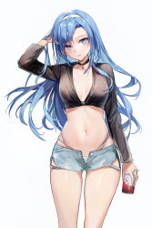 Rule 34 | 1girl, absurdres, arm up, black choker, black shirt, blue eyes, blue hair, blue shorts, borrowed character, breasts, can, choker, commentary, cowboy shot, crop top, drinking straw, hairband, highres, holding, holding can, kuza brs, light blush, long hair, looking at viewer, medium breasts, navel, open clothes, open fly, open shirt, original, parted lips, shirt, short shorts, shorts, simple background, solo, standing, stomach, symbol-only commentary, very long hair, white background, white hairband