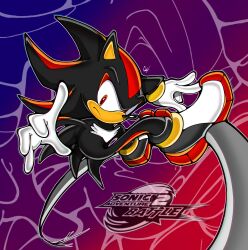 Rule 34 | 1boy, absurdres, copyright name, crazypstg, full body, furry, furry male, gloves, highres, looking at viewer, male focus, on railing, outline, railing, red eyes, shadow the hedgehog, signature, solo, sonic (series), sonic adventure 2, uekawa yuji (style), white gloves, white outline, zoom layer