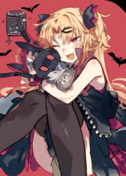 Rule 34 | 1girl, akatsuki uni, bare shoulders, bat (animal), black gloves, black thighhighs, blonde hair, blush, cheek-to-cheek, fangs, feet out of frame, gloves, hair ornament, hair ribbon, hairclip, heads together, holding, karei, long hair, one eye closed, open mouth, oversized object, parted bangs, red eyes, ribbon, sitting, sleeveless, smile, solo, thighhighs, thighs, two side up, uni create, very long hair, virtual youtuber, zipper, zipper pull tab