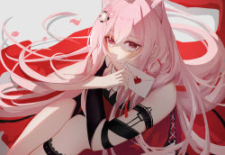 Rule 34 | 1girl, animal ears, arknights, black bra, black gloves, bra, crossed arms, envelope, eps3rd, extra ears, feet out of frame, gloves, hair ornament, heart, highres, holding, holding envelope, long hair, looking at viewer, pink eyes, pink hair, pozyomka (arknights), signature, single glove, sitting, solo, underwear, wolf ears, wolf girl