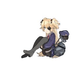 Rule 34 | 1girl, absurdres, ballistic shield, blonde hair, blue eyes, blue jacket, blue skirt, cosplay, expressionless, eyepatch, fischl (genshin impact), fischl (genshin impact) (cosplay), full body, genshin impact, girls&#039; frontline, hat, highres, jacket, jitome, loafers, long hair, pantyhose, pleated skirt, red neckwear, shield, shield module, shoes, simple background, sitting, skirt, solo, super-shorty (girls&#039; frontline), sureido (zhwa3228), thigh strap, two side up, white background