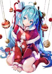 Rule 34 | 1girl, ahoge, aqua eyes, aqua hair, aqua nails, between legs, boots, capelet, christmas, christmas ornaments, commentary, dress, english commentary, fur-trimmed boots, fur-trimmed capelet, fur-trimmed dress, fur trim, hair ribbon, hand between legs, hatsune miku, head tilt, high heel boots, high heels, highres, long hair, looking at viewer, nail polish, red capelet, red dress, red footwear, red ribbon, ribbon, santa costume, sitting, smile, solo, sparkle, takepon1123, very long hair, vocaloid, wariza, white background