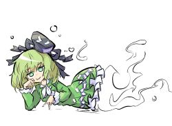Rule 34 | 1girl, closed mouth, dress, green dress, green eyes, green hair, hands on own cheeks, hands on own face, looking at viewer, one-hour drawing challenge, primsla, simple background, soga no tojiko, solo, touhou, white background