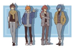 Rule 34 | 4boys, alternate costume, blue hair, boots, brown hair, casual, closed eyes, closed mouth, crossed arms, denim, denim jacket, diluc (genshin impact), earrings, genshin impact, hair between eyes, jacket, jewelry, kaeya (genshin impact), long hair, long sleeves, male focus, multicolored hair, multiple boys, open mouth, orange hair, pants, ponytail, red hair, scarf, shoes, simple background, single earring, sio genshin, smile, sneakers, streaked hair, tartaglia (genshin impact), two-tone background, waving, zhongli (genshin impact)