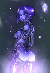 Rule 34 | 1girl, artificial intelligence, ass, bob cut, breasts, colored skin, cortana, halo (game), halo (series), highres, hologram, large breasts, lips, looking back, maniacpaint, nose, purple eyes, purple hair, purple skin, purple theme, revealing clothes, short hair, solo
