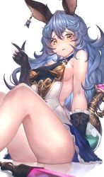 Rule 34 | 1girl, animal ears, backless dress, backless outfit, bare legs, bare shoulders, black gloves, blue hair, blue skirt, breasts, dress, erune, ferry (granblue fantasy), flask, frilled gloves, frills, from below, gloves, granblue fantasy, hair between eyes, highres, ikusaneko, index finger raised, long hair, looking at viewer, medium breasts, open mouth, piercing, rabbit ears, round-bottom flask, sideboob, sideless outfit, simple background, sitting, skirt, solo, sword, thighs, wavy hair, weapon, yellow eyes