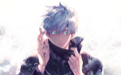 Rule 34 | 1boy, aqua eyes, asaga iori, black jacket, bloom, clothes pull, commentary, crossed fingers, eyebrows hidden by hair, eyelashes, glowing, glowing eye, gojou satoru, grey hair, hair between eyes, hands up, high collar, highres, index finger raised, jacket, jujutsu kaisen, light particles, light smile, long bangs, long fingers, long sleeves, looking at viewer, male focus, parted lips, portrait, solo, straight-on, white background, white hair