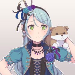 Rule 34 | &gt;:(, 1girl, animal, animal on shoulder, aqua hair, aqua jacket, ayasaka, bang dream!, black choker, black feathers, black ribbon, blue feathers, blue flower, blue rose, choker, commentary request, corsage, cross-laced clothes, crown, dog, earrings, feather hair ornament, feathers, flower, frown, green eyes, grey background, hair flower, hair ornament, hair ribbon, hairband, hand on own hip, hikawa sayo, jacket, jewelry, long hair, necklace, outline, petting, purple feathers, purple flower, purple rose, ribbon, rose, serious, short sleeves, solo, upper body, v-shaped eyebrows, white outline