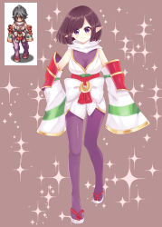 Rule 34 | 1girl, absurdres, bare shoulders, black hair, bodysuit, bow, breasts, brown background, character request, cleavage, closed mouth, detached sleeves, full body, highres, japanese clothes, kimono, light (luxiao deng), long sleeves, looking at viewer, medium breasts, obi, pointy ears, purple bodysuit, purple eyes, ragnarok online, sandals, sash, see-through, short hair, sleeves past fingers, sleeves past wrists, smile, sparkle, standing, standing on one leg, white bow, white footwear, white kimono, white sleeves, wide sleeves, zouri