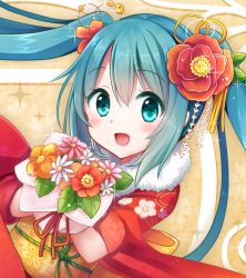 Rule 34 | 10s, 1girl, 2015, alternate costume, aqua hair, blue eyes, blush, flower, flower on head, hair flower, hair ornament, happy new year, hatsune miku, japanese clothes, kimono, long hair, md5 mismatch, new year, resized, resolution mismatch, smile, smiley face, snowmi, solo, source larger, twintails, vocaloid