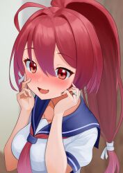 Rule 34 | 1girl, ahoge, blue sailor collar, blush, breasts, dorachan r, fang, hair between eyes, highres, i-168 (kancolle), jewelry, kantai collection, large breasts, long hair, neckerchief, open mouth, ponytail, red eyes, red hair, red neckerchief, ring, sailor collar, school uniform, serafuku, short sleeves, skin fang, smile, solo, upper body, wedding ring
