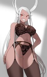 Rule 34 | 1girl, :d, absurdres, animal ears, bare arms, bare shoulders, black bra, black panties, black thighhighs, boku no hero academia, bra, breasts, commentary, commission, contrapposto, dark-skinned female, dark skin, english commentary, floral print, garter belt, grin, hand on own hip, highres, koyap, lace trim, large breasts, lingerie, long eyelashes, long hair, looking at viewer, mirko, navel, open mouth, panties, parted bangs, rabbit ears, rabbit girl, red eyes, smile, solo, thighhighs, thighs, toned, underwear, very long hair, white hair