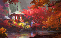 Rule 34 | 1girl, animal ears, aqua hair, architecture, bridge, day, east asian architecture, forest, highres, holding, holding umbrella, japanese clothes, kimono, ling xiang, long hair, long sleeves, nature, oil-paper umbrella, original, outdoors, purple kimono, river, scenery, shrine, solo, standing, sunlight, tree, umbrella, water, wide shot, wide sleeves