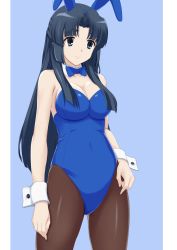 Rule 34 | 1girl, absurdres, animal ears, asakura ryouko, blue bow, blue bowtie, blue eyes, blue hair, blue leotard, bow, bowtie, breasts, brown pantyhose, cleavage, closed mouth, collarbone, commentary request, covered navel, detached collar, fake animal ears, flatfield, highres, large breasts, leotard, long hair, official alternate costume, pantyhose, parted bangs, playboy bunny, rabbit ears, smile, solo, standing, suzumiya haruhi no yuuutsu, thighs, wrist cuffs